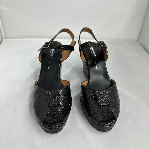 Re-Mix Brown Croc-Embossed Leather Wedge Platform Sandals (10)