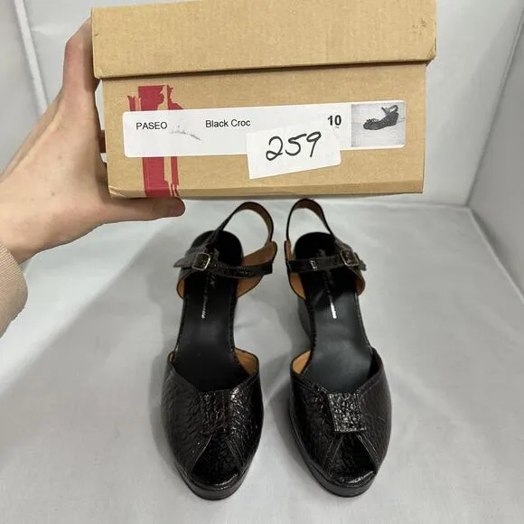 Re-Mix Brown Croc-Embossed Leather Wedge Platform Sandals (10)