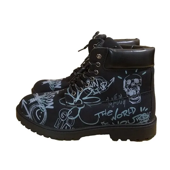 Reason Combat Boots Men’s 10.5 Black Graffiti Print Skull Flower Faux Suede