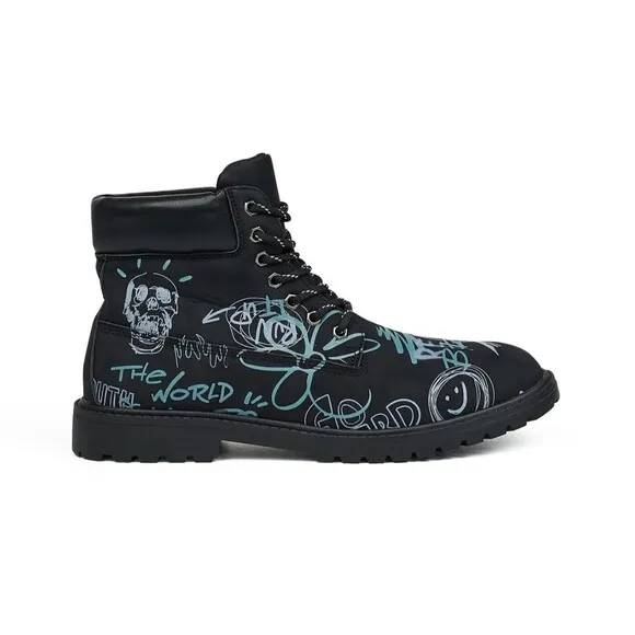 Reason Combat Boots Men’s 10.5 Black Graffiti Print Skull Flower Faux Suede