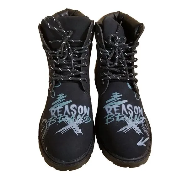 Reason Combat Boots Men’s 10.5 Black Graffiti Print Skull Flower Faux Suede