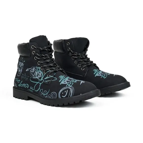 Reason Combat Boots Men’s 10.5 Black Graffiti Print Skull Flower Faux Suede