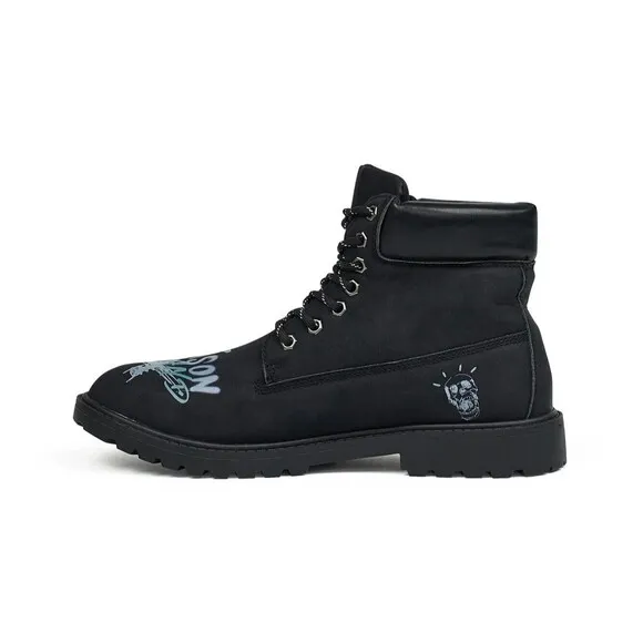 Reason Combat Boots Men’s 10.5 Black Graffiti Print Skull Flower Faux Suede