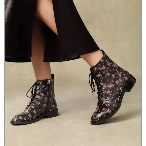 Rebecca Minkoff Ditsy Print Nappa Gerry Black Pink Floral Combat Boots 7.5