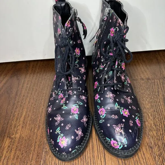 Rebecca Minkoff Ditsy Print Nappa Gerry Black Pink Floral Combat Boots 7.5