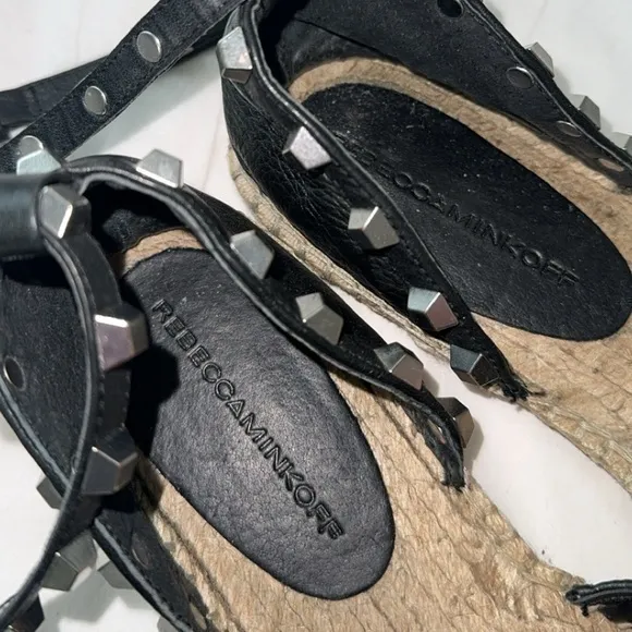 Rebecca Minkoff Gilles Black Leather Wrap‎ Studded Espadrille Flats