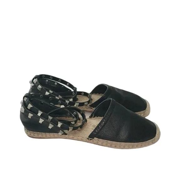 Rebecca Minkoff Gilles Black Leather Wrap‎ Studded Espadrille Flats