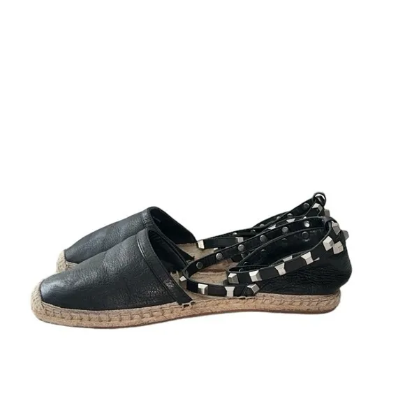 Rebecca Minkoff Gilles Black Leather Wrap‎ Studded Espadrille Flats