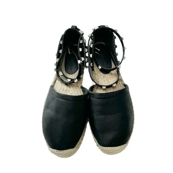 Rebecca Minkoff Gilles Black Leather Wrap‎ Studded Espadrille Flats