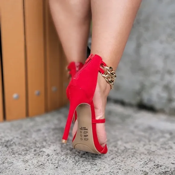Red Two Part Stiletto Heeled Chain Sandals