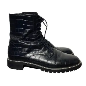 Reformation Amelia Black Leather Croc Embossed Lace Up Combat Boots 9.5