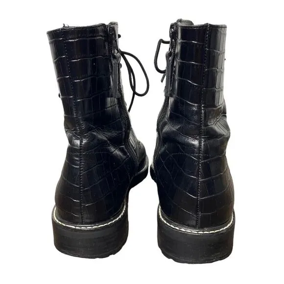 Reformation Amelia Black Leather Croc Embossed Lace Up Combat Boots 9.5