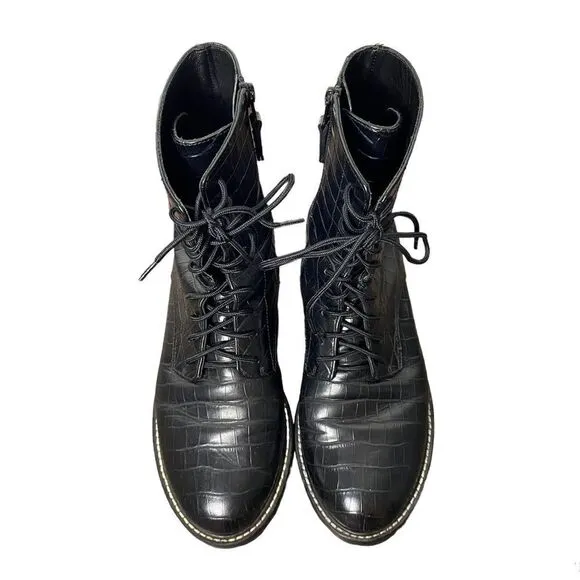 Reformation Amelia Black Leather Croc Embossed Lace Up Combat Boots 9.5