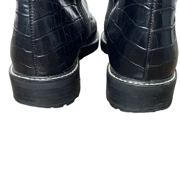 Reformation Amelia Black Leather Croc Embossed Lace Up Combat Boots 9.5
