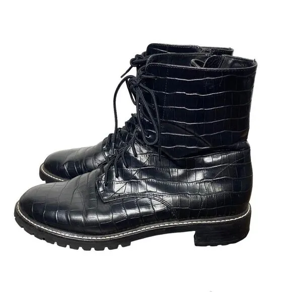Reformation Amelia Black Leather Croc Embossed Lace Up Combat Boots 9.5