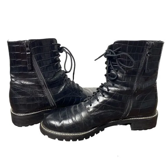 Reformation Amelia Black Leather Croc Embossed Lace Up Combat Boots 9.5