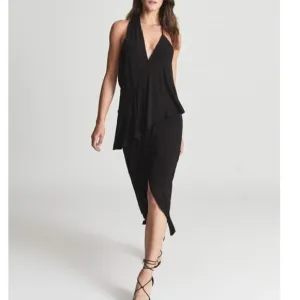 REISS Black Wrap Ruffle Xena Strappy Open Back Cocktail Midi Dress US Size 4
