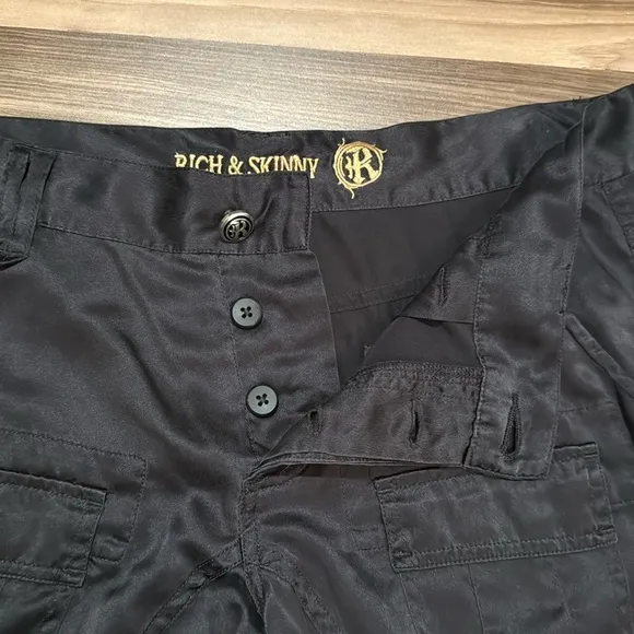 Rich &amp; Skinny 100% Silk Black Cargo Style Button Fly Chic Short Shorts 27
