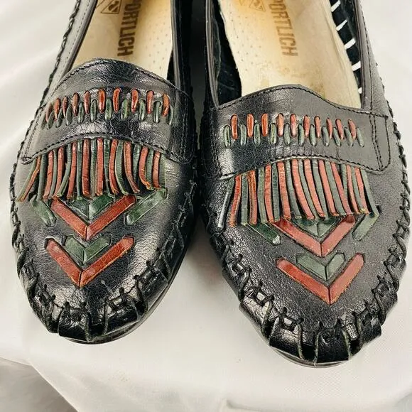 Rieker Sportlich Black and Brown Leather Tassle Woven Loafers Size 9