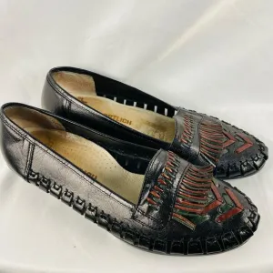 Rieker Sportlich Black and Brown Leather Tassle Woven Loafers Size 9