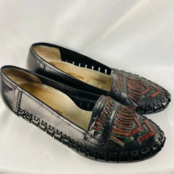 Rieker Sportlich Black and Brown Leather Tassle Woven Loafers Size 9