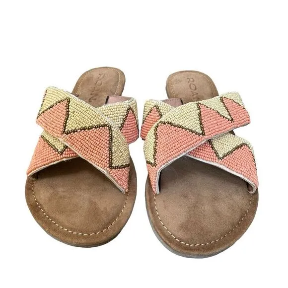 Roan Bed Stu Beaded Slip On Sandals Beige Leather Lining Hand Made Size 8 NWB