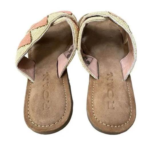 Roan Bed Stu Beaded Slip On Sandals Beige Leather Lining Hand Made Size 8 NWB