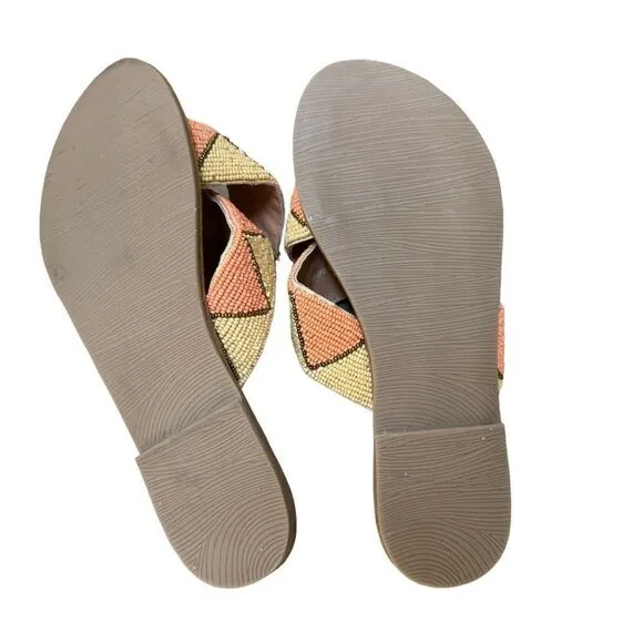 Roan Bed Stu Beaded Slip On Sandals Beige Leather Lining Hand Made Size 8 NWB