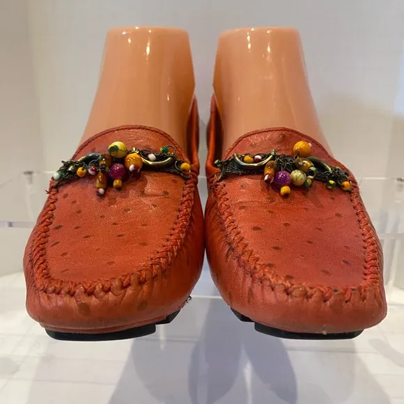 Robert Zur Embellished Driving Loafers Soft Ostrich Leather Red Size 6.5 EUC