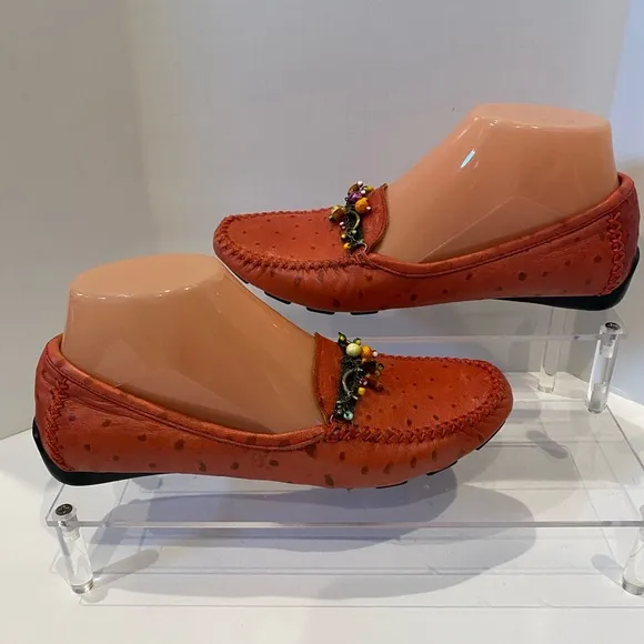 Robert Zur Embellished Driving Loafers Soft Ostrich Leather Red Size 6.5 EUC