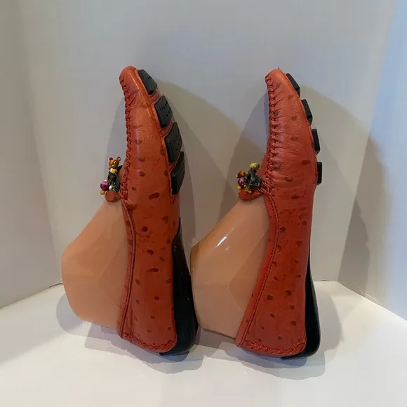 Robert Zur Embellished Driving Loafers Soft Ostrich Leather Red Size 6.5 EUC