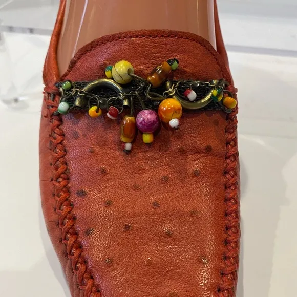 Robert Zur Embellished Driving Loafers Soft Ostrich Leather Red Size 6.5 EUC