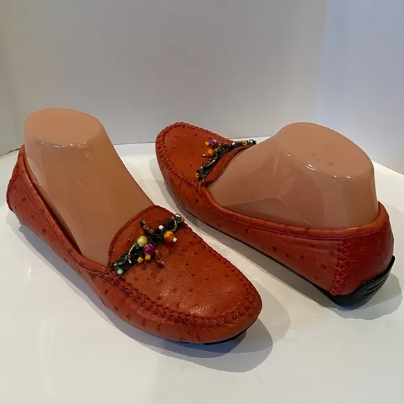 Robert Zur Embellished Driving Loafers Soft Ostrich Leather Red Size 6.5 EUC