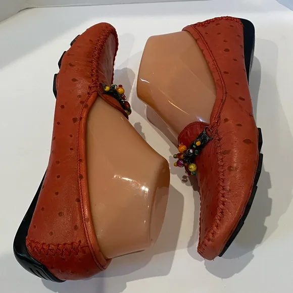 Robert Zur Embellished Driving Loafers Soft Ostrich Leather Red Size 6.5 EUC