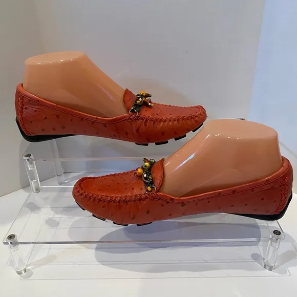Robert Zur Embellished Driving Loafers Soft Ostrich Leather Red Size 6.5 EUC
