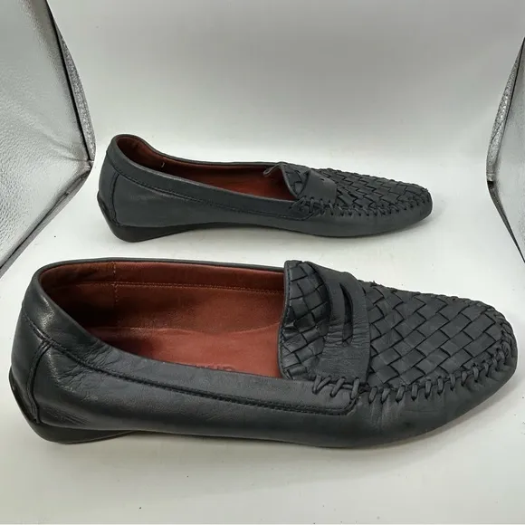 ROBERT ZUR MENS SHOES BLACK 9 leather woven loafers slip one driving luxury