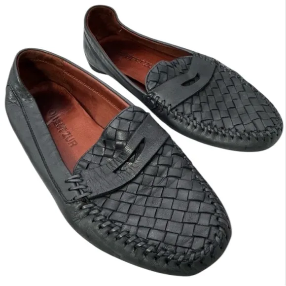 ROBERT ZUR MENS SHOES BLACK 9 leather woven loafers slip one driving luxury