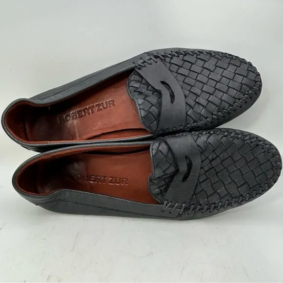 ROBERT ZUR MENS SHOES BLACK 9 leather woven loafers slip one driving luxury