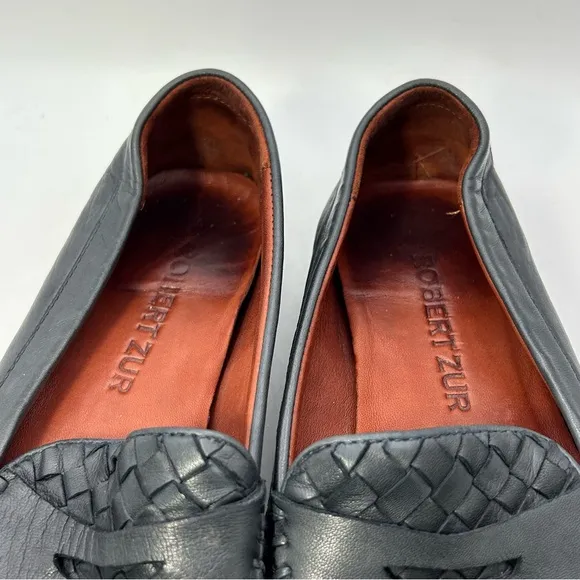 ROBERT ZUR MENS SHOES BLACK 9 leather woven loafers slip one driving luxury
