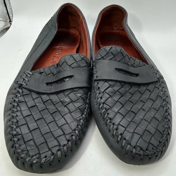 ROBERT ZUR MENS SHOES BLACK 9 leather woven loafers slip one driving luxury
