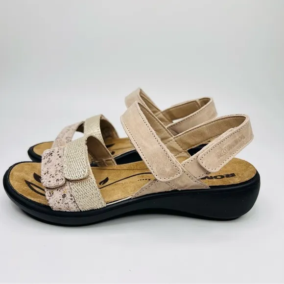Romika Ibiza 103 Tan/Gold Leather  Hook &amp; Loop Closure Slip On Sandals