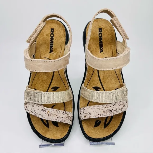 Romika Ibiza 103 Tan/Gold Leather  Hook &amp; Loop Closure Slip On Sandals