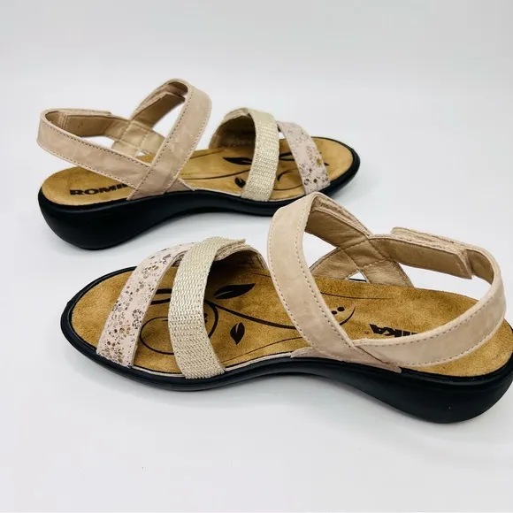 Romika Ibiza 103 Tan/Gold Leather  Hook &amp; Loop Closure Slip On Sandals