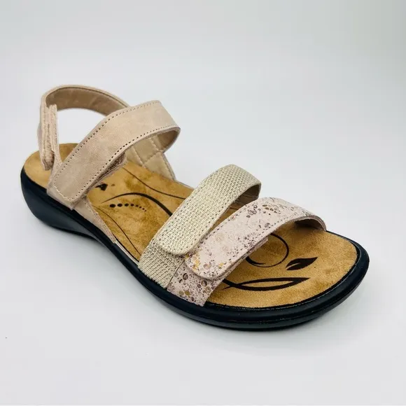 Romika Ibiza 103 Tan/Gold Leather  Hook &amp; Loop Closure Slip On Sandals