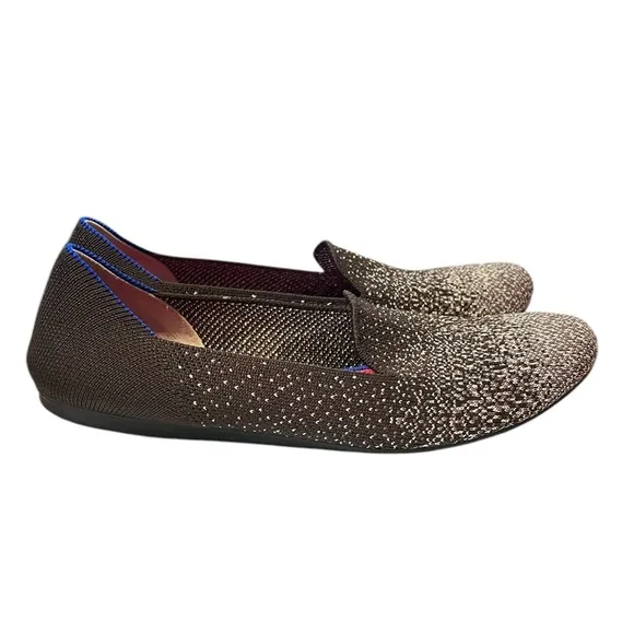 Rothys 7 Black Silver Metallic Glitter Loafers Flats Luxury Comfort Shoe Office