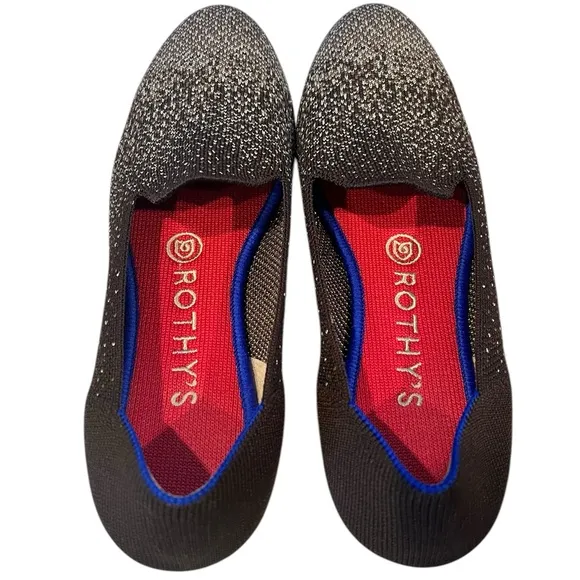 Rothys 7 Black Silver Metallic Glitter Loafers Flats Luxury Comfort Shoe Office