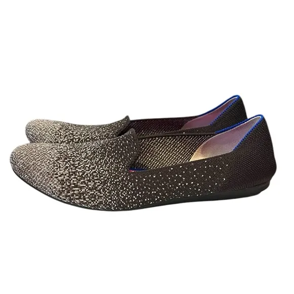 Rothys 7 Black Silver Metallic Glitter Loafers Flats Luxury Comfort Shoe Office