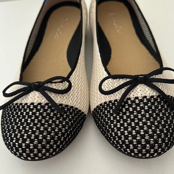 Rothy's Coco The Ballet Flat Cream and Black Woven Bow Tie Flats Size 10