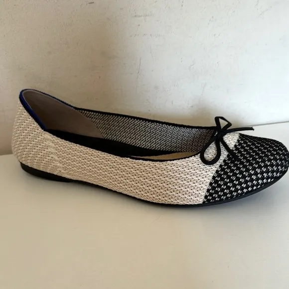 Rothy's Coco The Ballet Flat Cream and Black Woven Bow Tie Flats Size 10