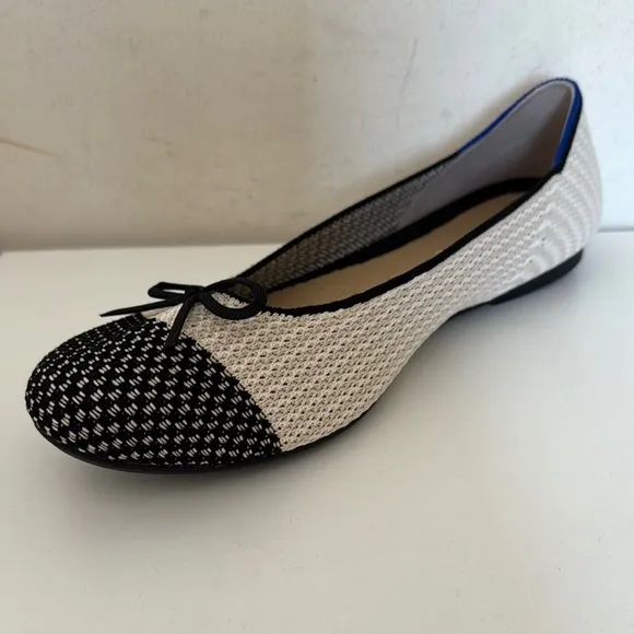 Rothy's Coco The Ballet Flat Cream and Black Woven Bow Tie Flats Size 10